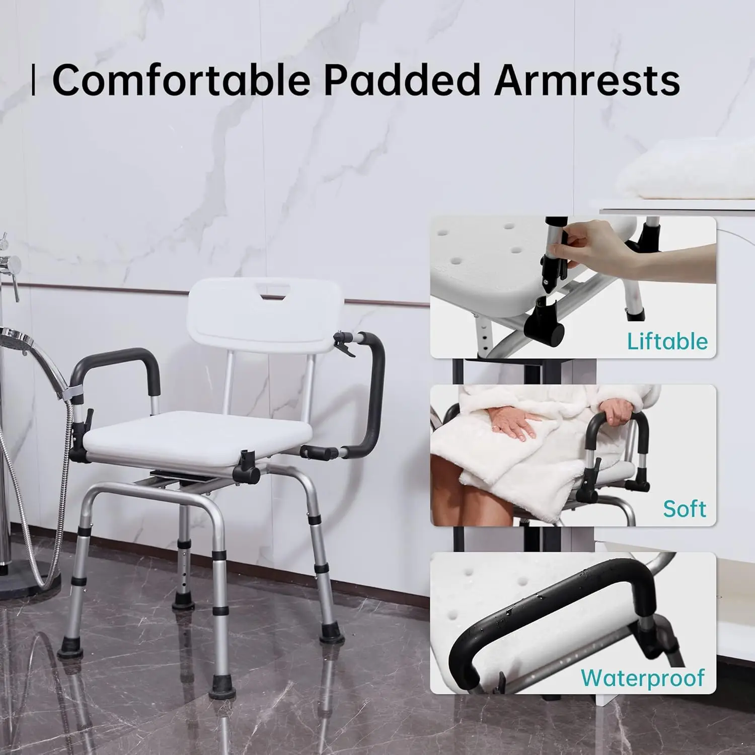 Silla de ducha para ducha interior, asiento giratorio de grado médico, pivotante ajustable, con Liftab