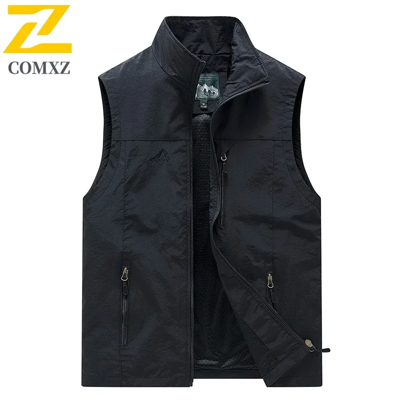 COMXZ الرجال التكتيكية في الهواء الطلق فائدة سترة متعددة جيب عمال أكمام معطف تنفس شبكة التخييم الصيد التصوير سترة #5