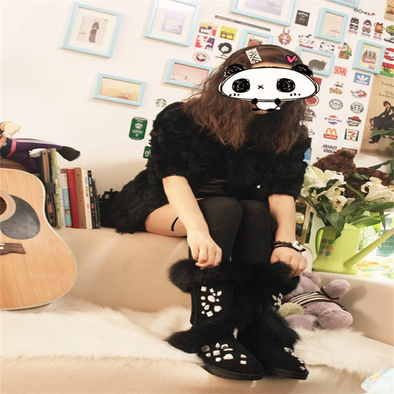 Natural fox fur luxury custom rhine-diamond high tube large size fur one snow boots warm women's cotton shoes 35-44