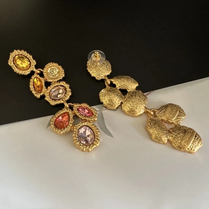 Fashion Jewelry Vintage Long Warm-Tone Multicolor Crystal Drop Earrings for Women, Statement Shoulder Duster Stud Earrings