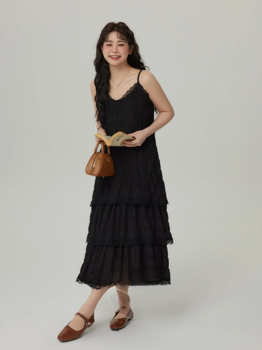 

plus Size Women's V-Neck Lace Trim Halter Cake Dress Summer New Style Loose Fit High Waist A-Line Skirt Casual Polyester Fiber