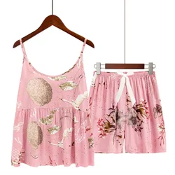 Plus Size S-3XL Viscose Women's Pajama Set with Spaghetti Straps and Bowknot Shorts  Loungewear Women  Pyjama