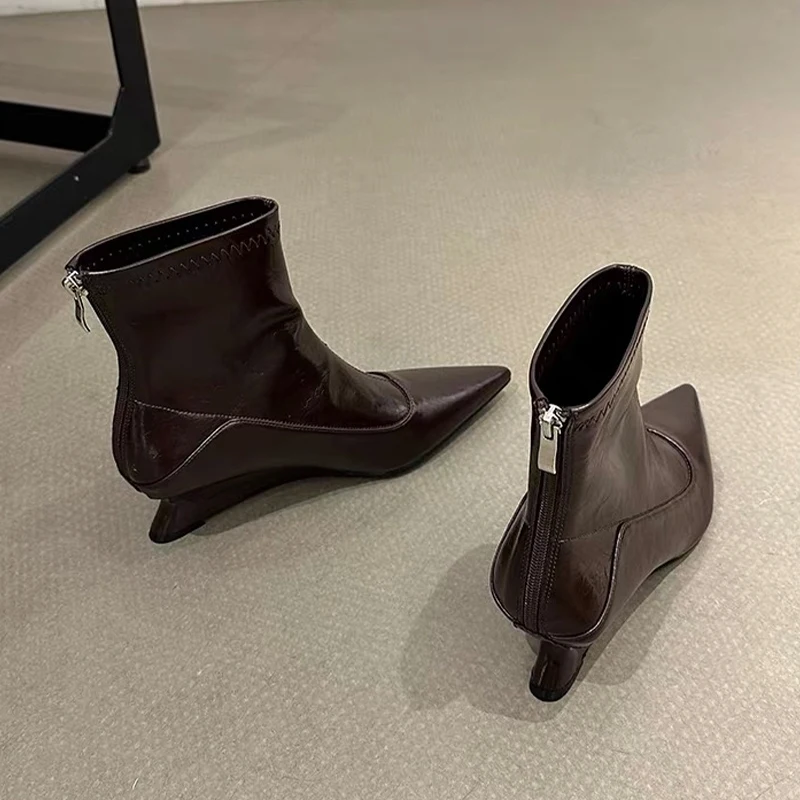 أسافين الأحذية النسائية أشار تو أحذية من الجلد عالية الكعب حذاء من الجلد 2025 الشتاء مثير مضخات البريدي تشيلسي الأحذية Mujer Snow Btoas #5