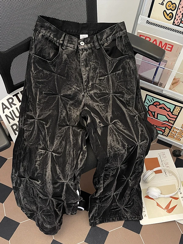 

Мужские джинсы в стиле ретро с эффектом тай-дай, складчатый дизайн, повседневные, свободные, с высокой талией, длинные, прямые, износостойкие, молодежный стиль