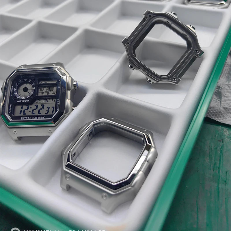 Stainless Steel AE1200 1300 Case For Casio 3299 AE-1200 AE-1300 Mod Kit Bezel AE1200 Leather Strap band Waterproof Ring Glass