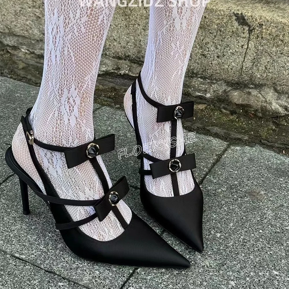 2024 Black Suede Stiletto Pumps Summer New Arrival Women Ankle Buckle Thin High Heel Pointed Toe Sexy Design Party Dress Shoes