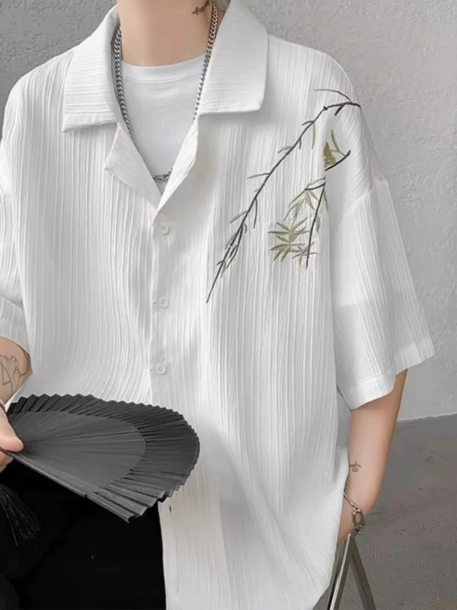 

Ice Silk Cuban Collar ort Sve Men's irt Bamboo Le Embroidery New Chinese Sle Design High-End Feeling Summer irt
