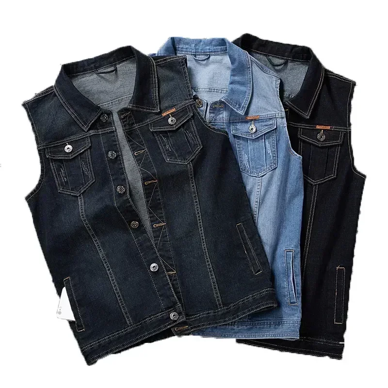 

Plus Size 8XL 7XL 6XL 5XL Cotton Jeans Sleeveless Jacket Vest Men Denim Jeans Vest Male Cowboy Outdoors Waistcoat Mens Jackets