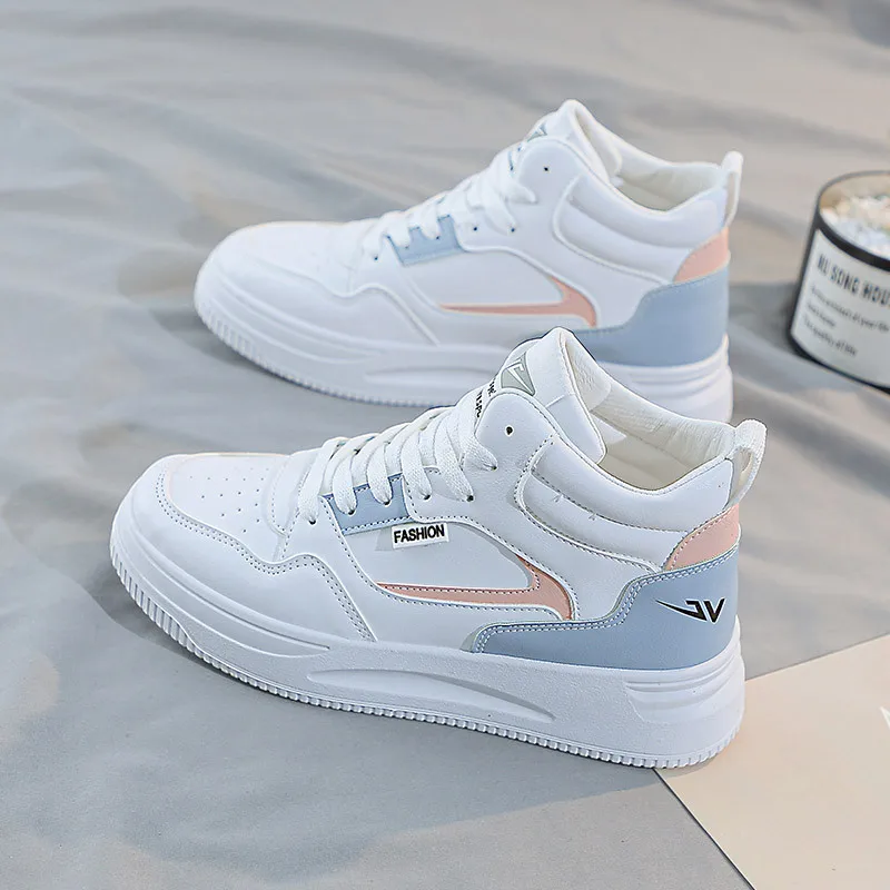 2024 Women White Colorblock Lace-up Front Skate Flat Shoes High-top Sneakers Lightweight Work Sneakers For Indoor Outdoor