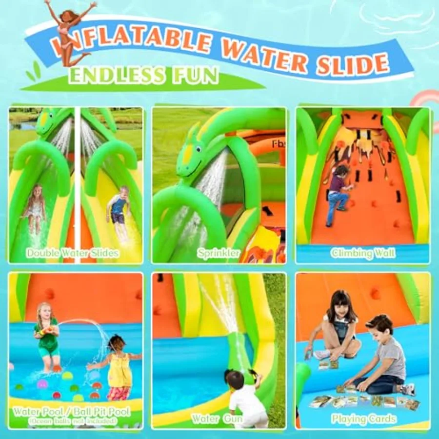 Inflatable Bounce House for:Indoor/Outdoor Use, PVC Material, Blue Red, Includes Slide, Climbing Wall, Water Guns, and Blower