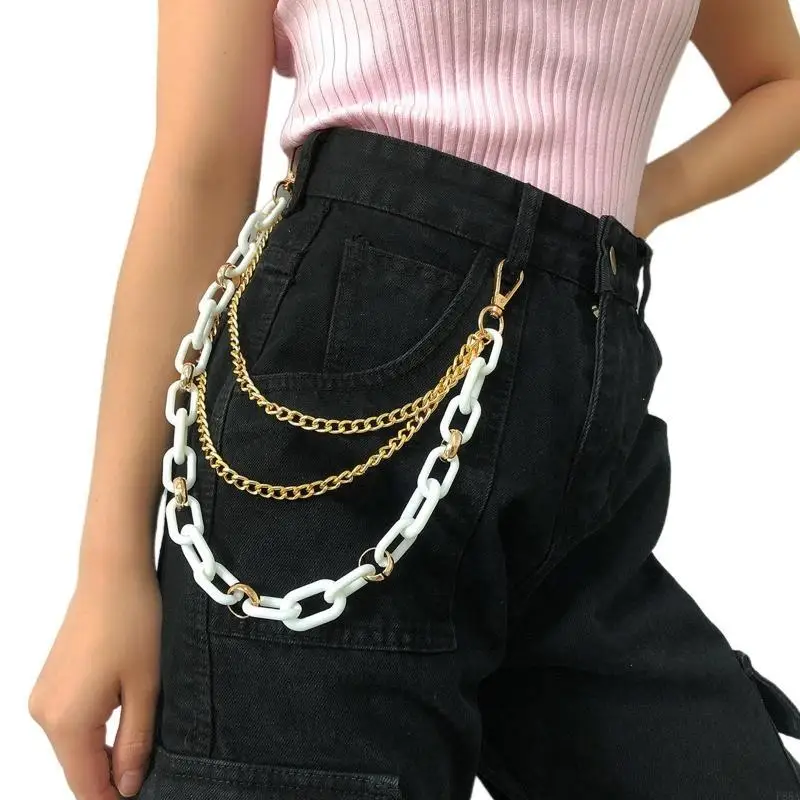 P88A السراويل سلسلة مع ديكور استرخى واضح سبيكة المحفظة سلسلة سحر الجينز جيب سلاسل الهيب هوب روك نمط سلاسل للنساء #1