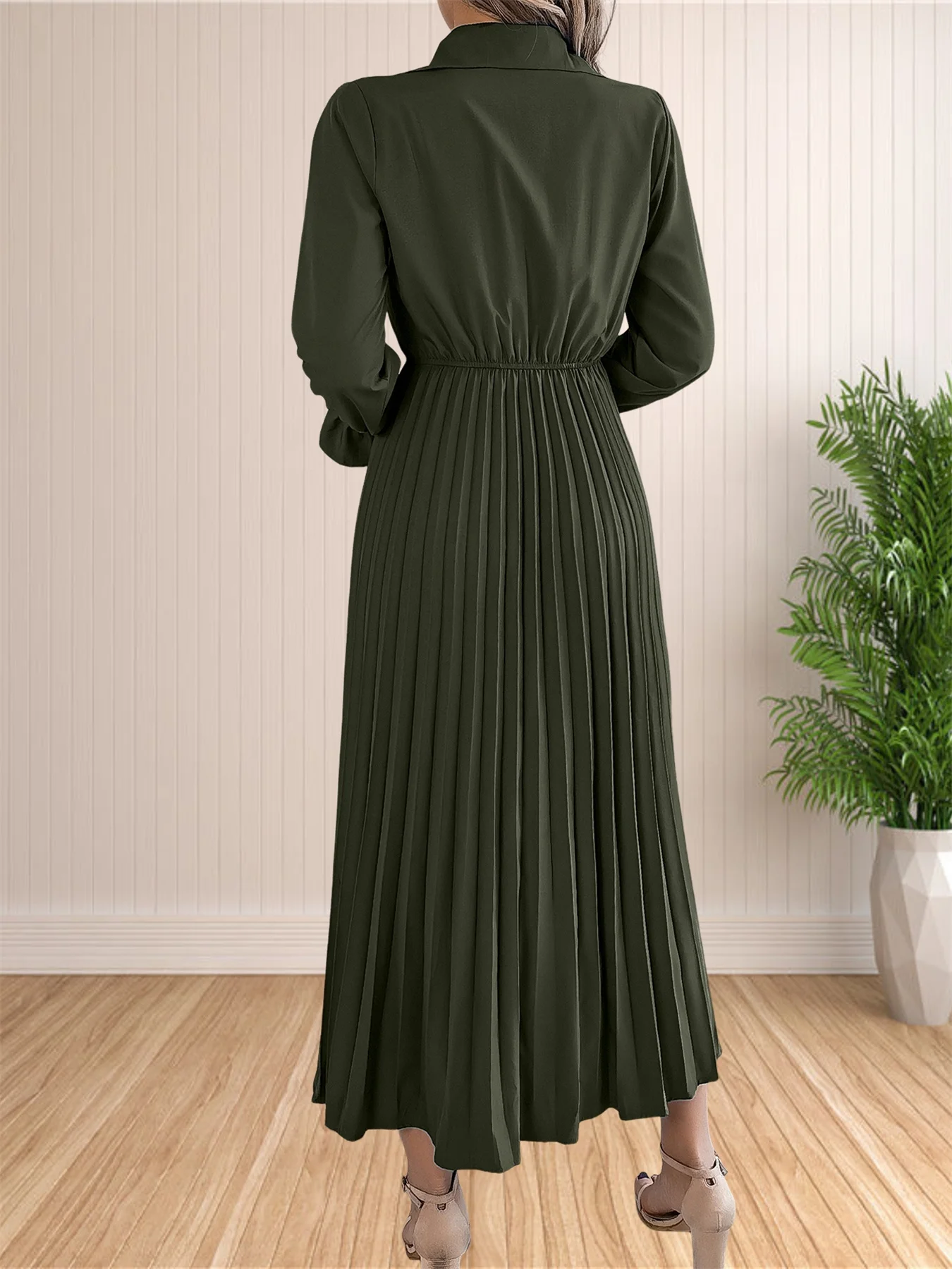 Women Casual Solid Color Turn-Down Collar Long Dresses Button Flare Sleeves Hundred Pleats Dress