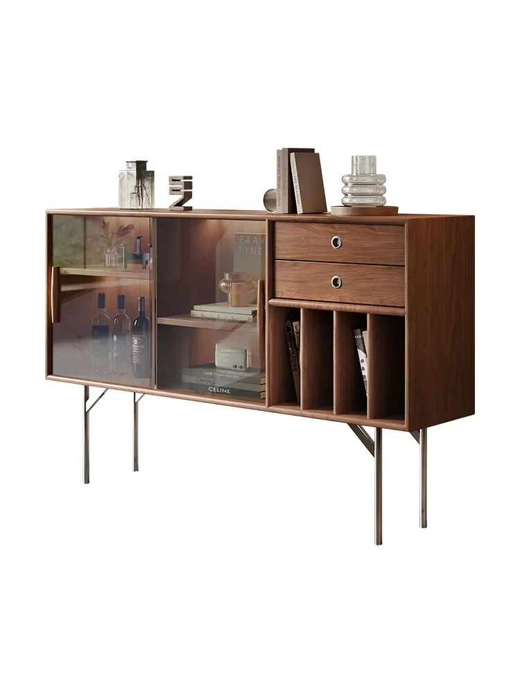 

Italian retro style walnut leather wine cabinet household low luxury dining side locker