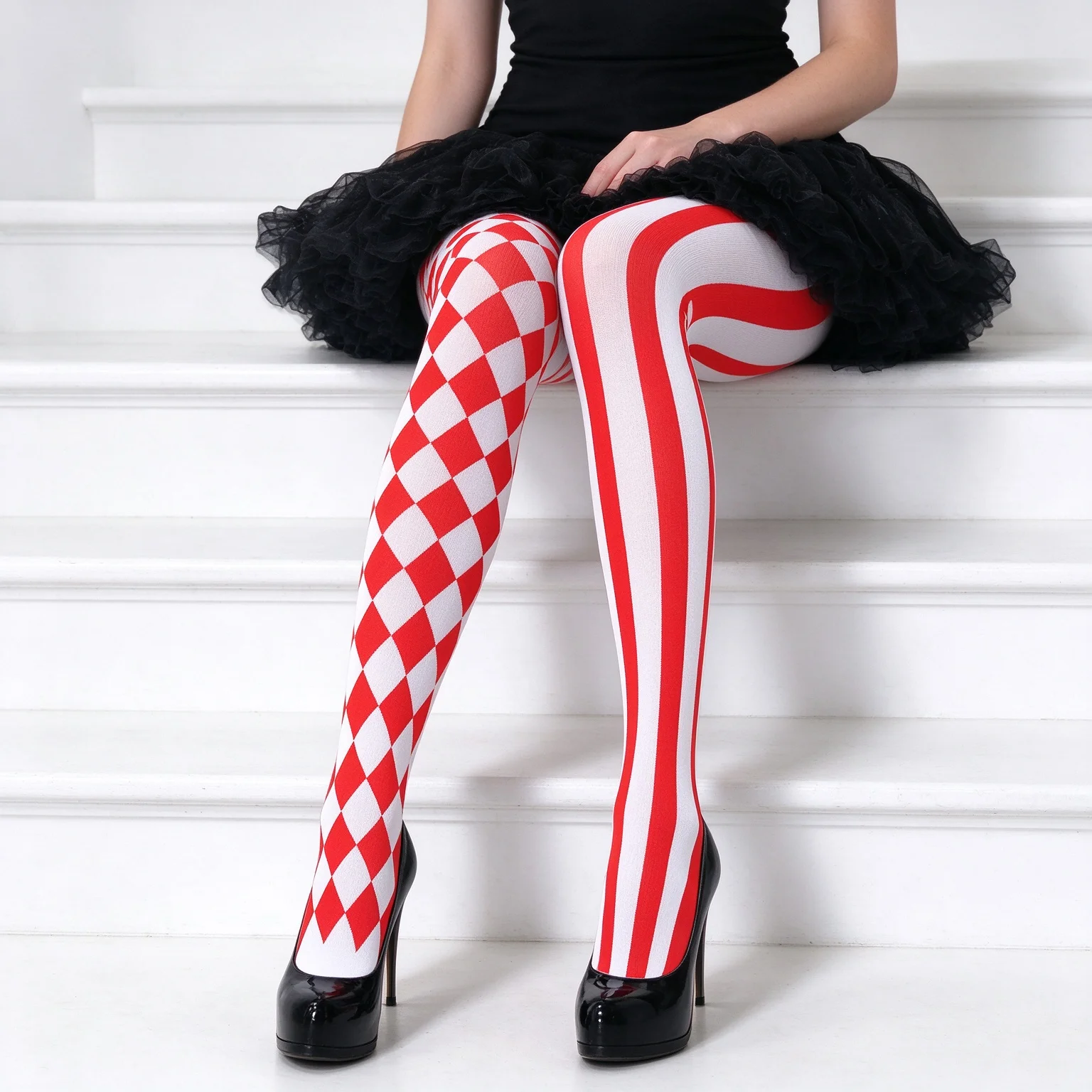 Women Checkered Tights Diamond Pattern Striped Pantyhose Gothic Clown Cosplay Leggings Halloween Party Opaque Black Stockings