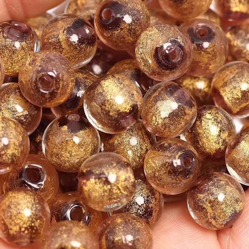 10pcs 8/10mm Gold Power Foil Pattern Handmade Lampwork Glass Loose Round Beads for Jewelry Making DIY Crafts Findings Accessory