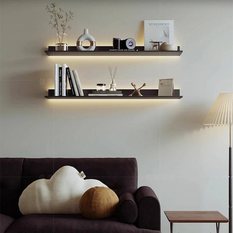 ‌LED Wall Shelf with Lights, Anti-Slip Floating Spice Rack, Modern Metal Bookcase, Creative Kitchen Wine Storage Organizer