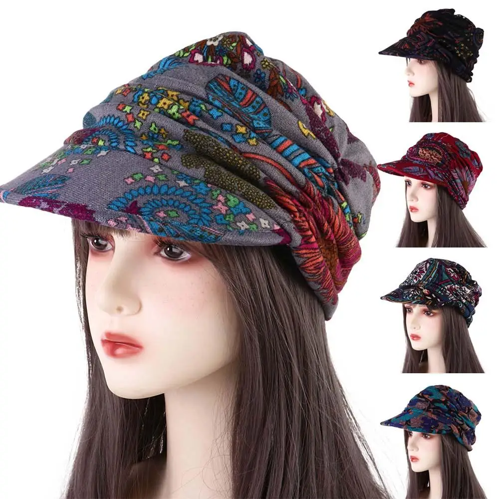 

Cap Foldable Earflap Floral Print Middle Aged and Elderly Cap Short Brim Women Hat Peaked Cap Ethnic Style Cap Baseball Cap