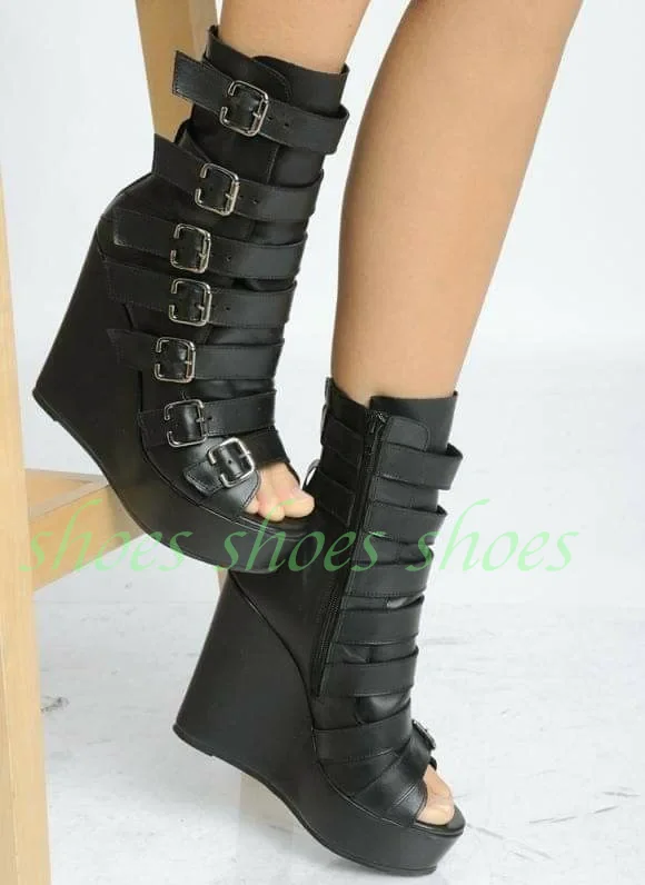 Women Black Multi Buckle Open Toe Platform Wedge Boots Side Zipper Gothic Gladiator Wedge Booties Punk Streetwear Club Shoes 46