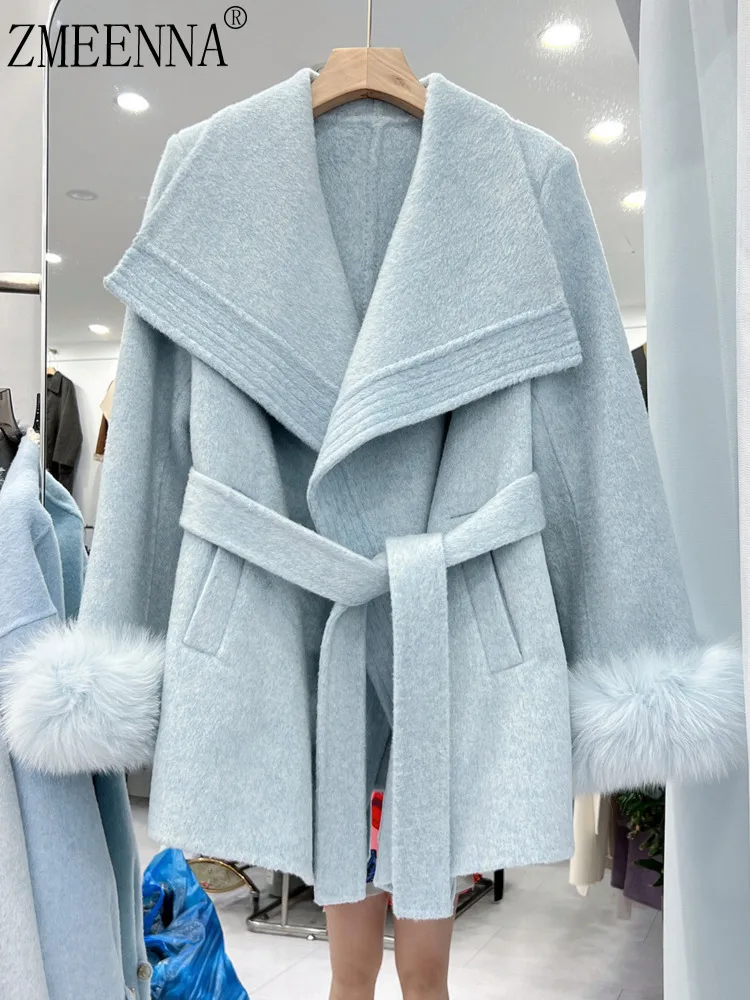 

ZMEENNA женское короткое шерстяное пальто с поясом-шалевым воротником и манжетами из искусственного меха, теплая зимняя верхняя одежда ZM4419