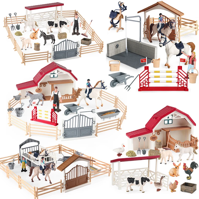 Oenux Farm Stable House Model Scene Action Figures Fence Horseman Horse Animals Figurine Cute Educational Kids Toy Gift