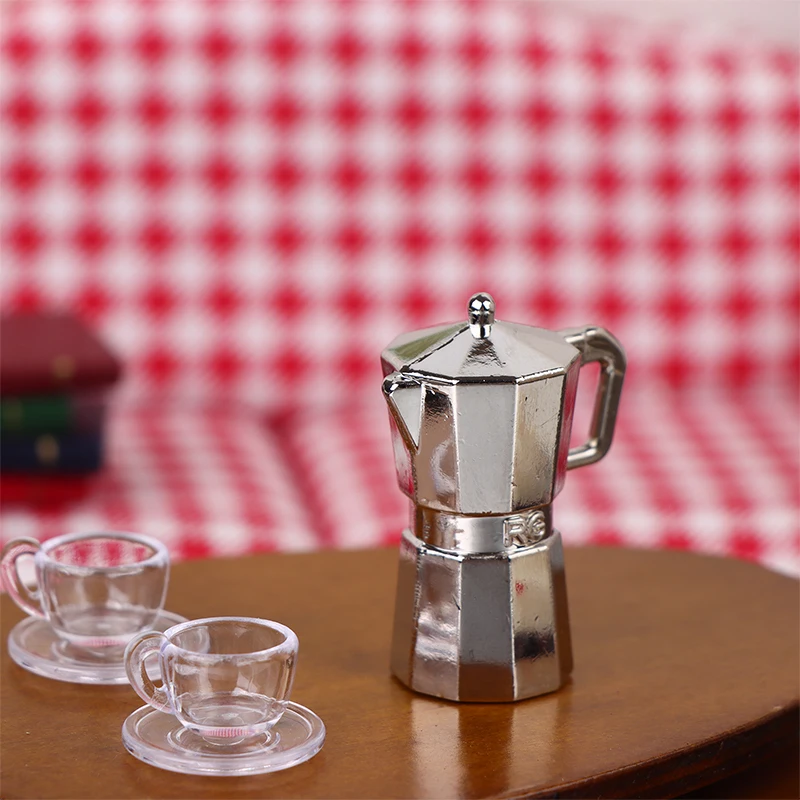 Cafetera en miniatura para casa de muñecas, tetera de Metal Moka, bandeja de 2 tazas, modelo de cocina, decoración, juguete, accesorios para casa de muñecas, 1 Juego, 1:12