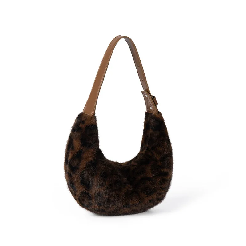 

Fashionable new leopard print handbag spring and summer versatile women's winter furry half-moon armpit bag party lipstick key b