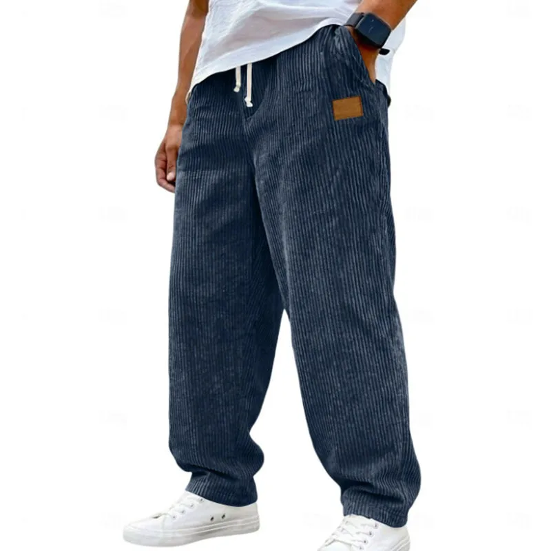 Men's Spring Autumn Corduroy Elastic Waist Drawstring Loose Straight Pants