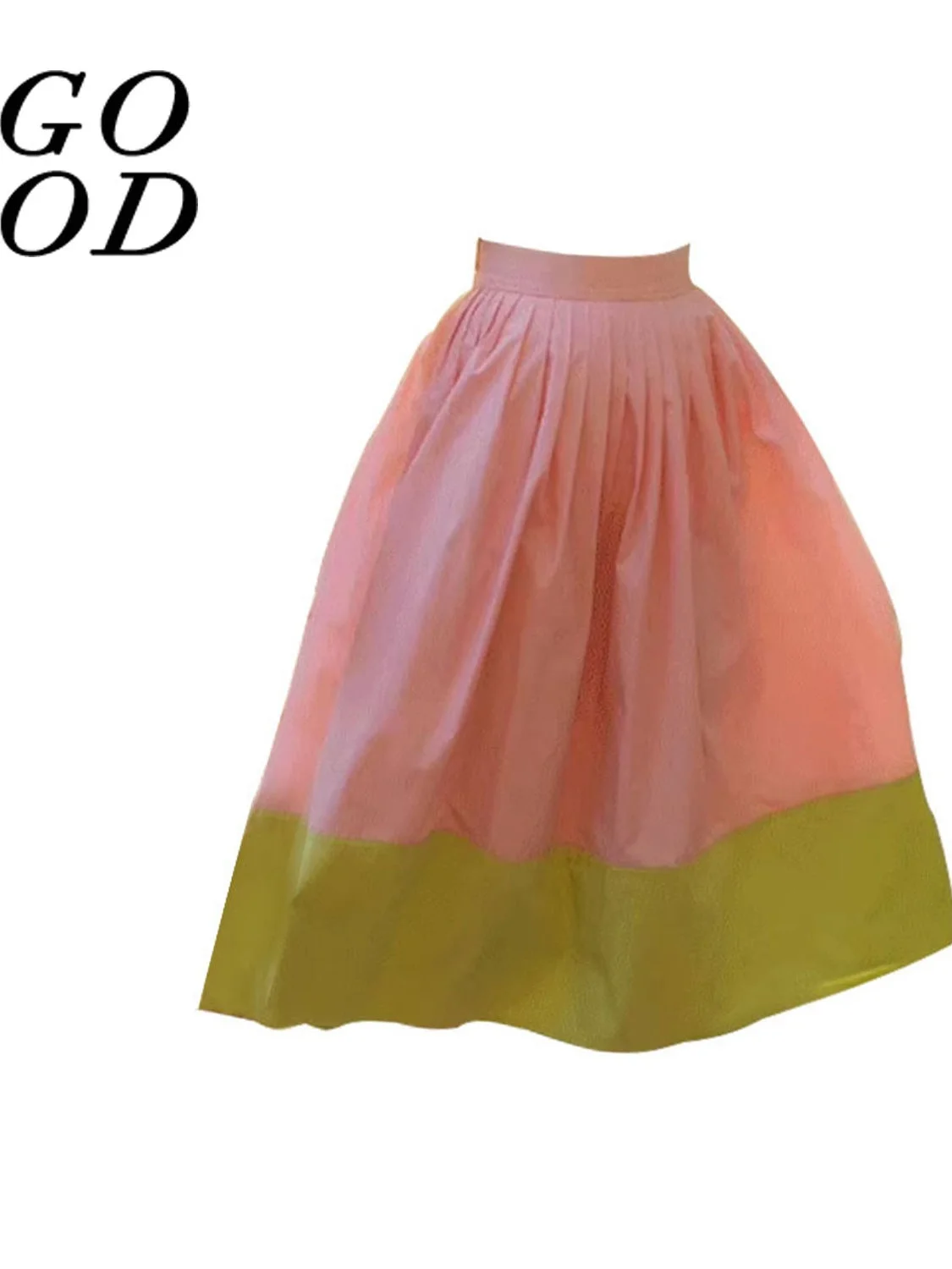 

Vacation Wear Pink Splice A-Line Midi Skirt Summer Loose Over-Knee Polyester Fiber High Waist Bicolor Pleated Skirt