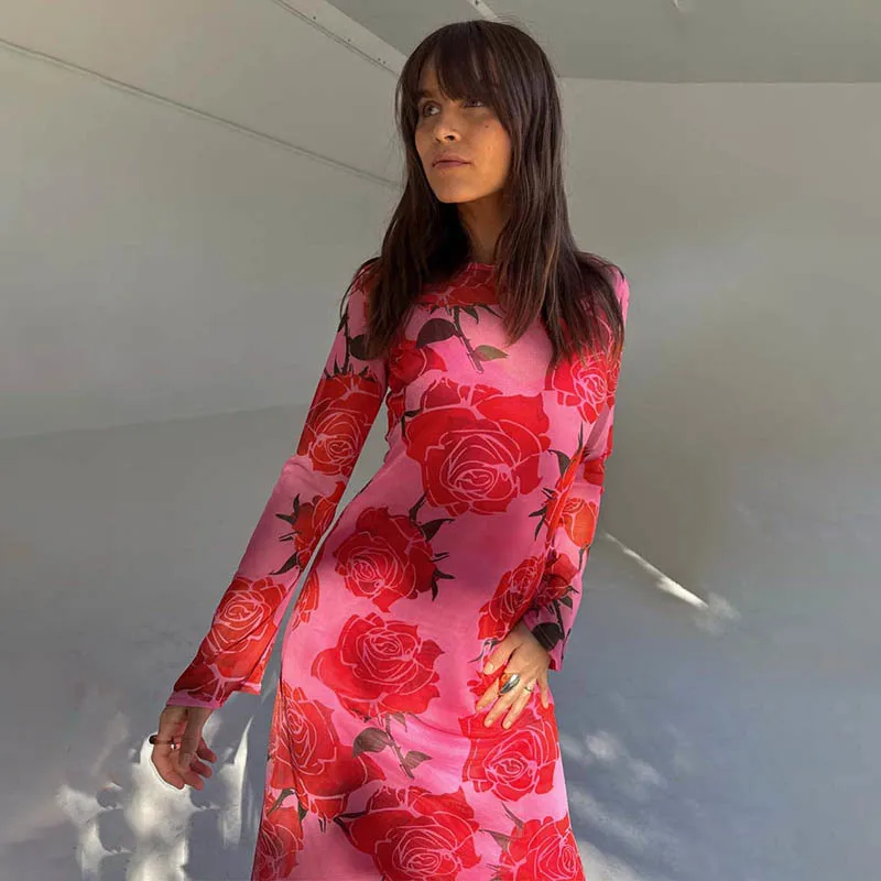 Blifanbo Print Flower Elegant Maxi Dress Women O Neck Fashion Long Sleeve Slim Sexy Print Patchwork Female Holiday Long Dress