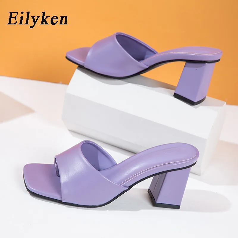 Eilyken Elegant Women Summer Street Style Shoes Cozy PU Leather Clip Toe Design Slippers Fashion Square Low Heels Sandals