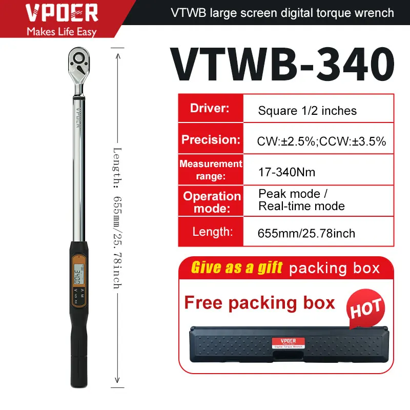 VTWB-340 1/2Measuring17-340Nm Digitals Torque Wrench Professionals Torques Adjustables Wrench Data Save Bike Car Bicycle Repair