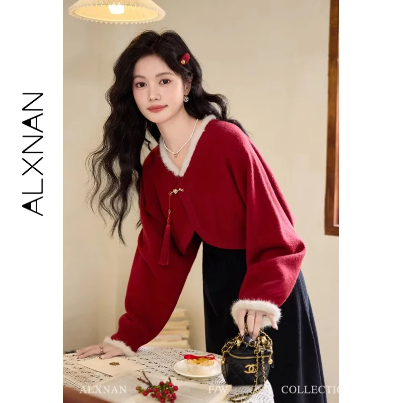 ALXNAN femmes rouge tricoté Cardigan court nouveau Style chinois Unique boucle conception chandails 2025 automne à manches longues hauts L52208SY
