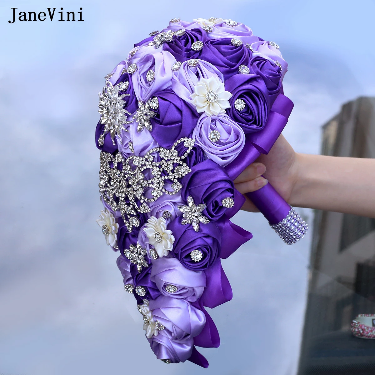 JaneVini Luxury Silver Crystals Purple Cascading Flowers Waterfall Bridal Bouquets Artificial Satin Roses Wedding Brooch Bouquet