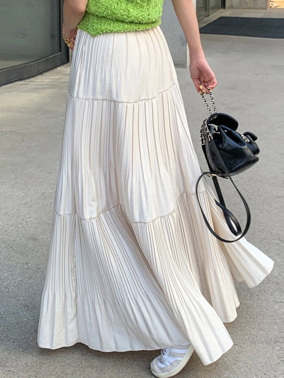 Saia midi e e cada em linha a, cintura alta, emaecimento, design assimétrico, babado cleto, estilo coreano, s...