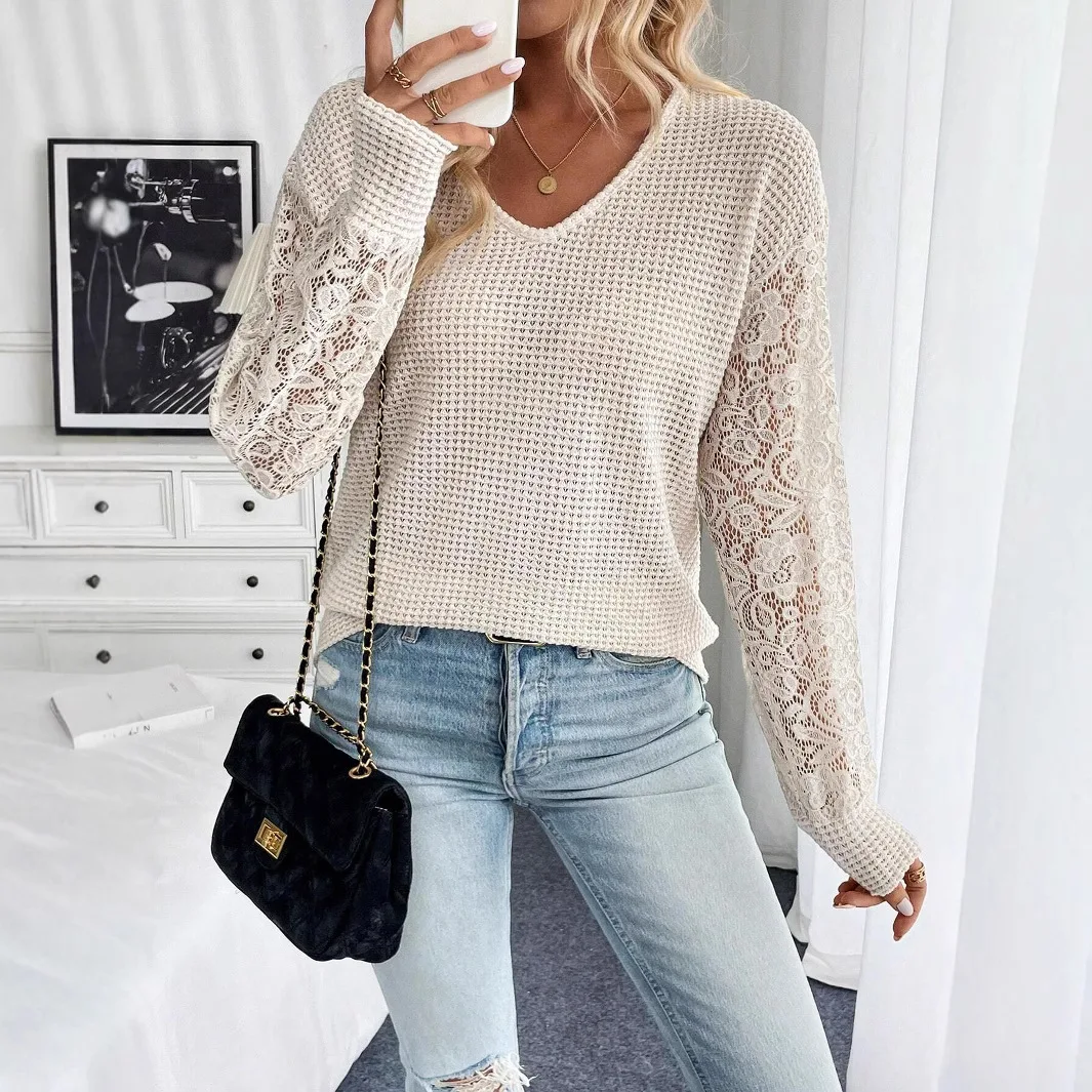 2025 Women's T-Shirt Autumn Winter New Elegant Women's Solid Color V-neck Lace Stitching Long Sleeve T-shirt Tops for Women