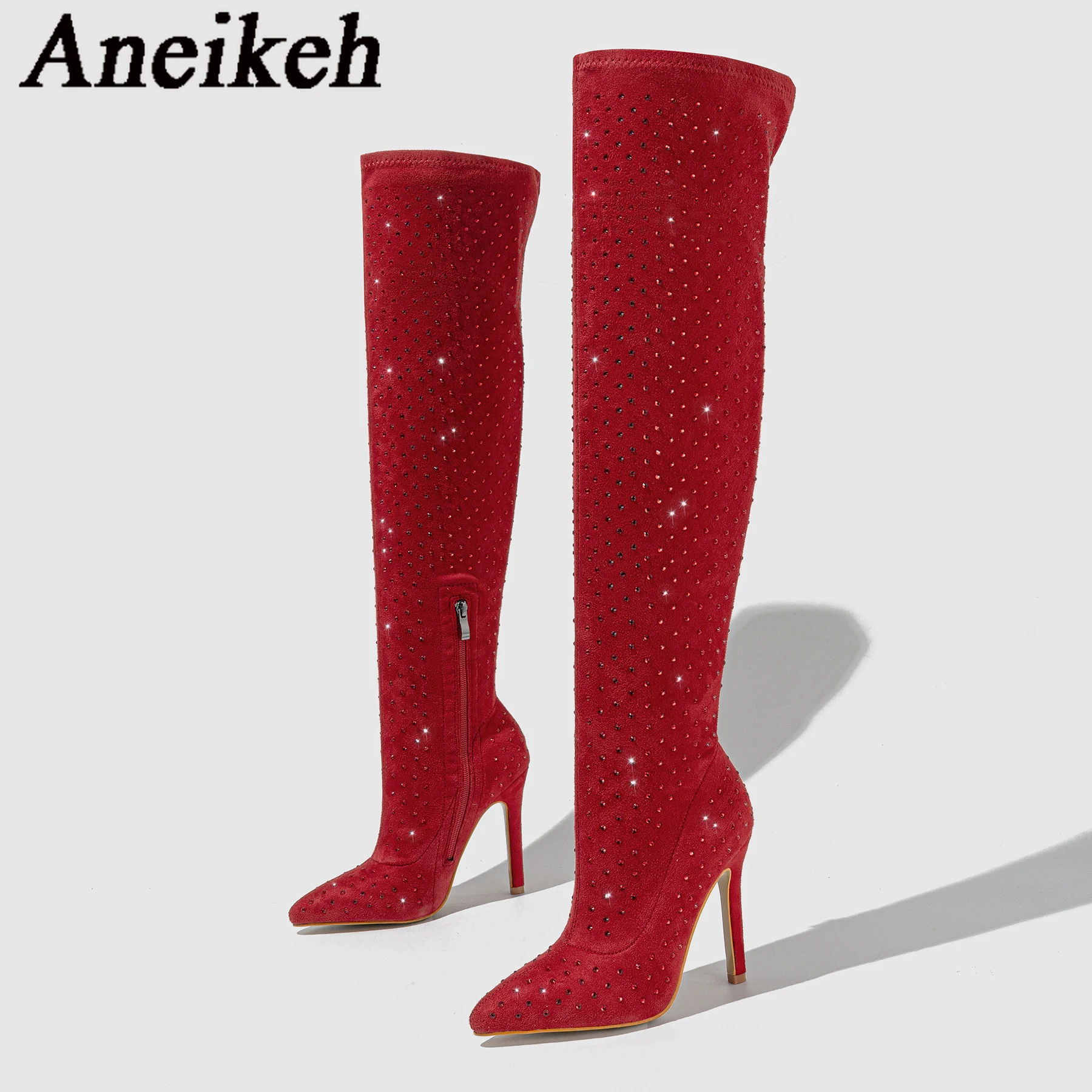 

Aneikeh Fashion Rhinestone Over-the-Knee Boots Sexy Pointed Side Zippers for Comfort Faux Sued Thin High Heels Women Runway Shoe