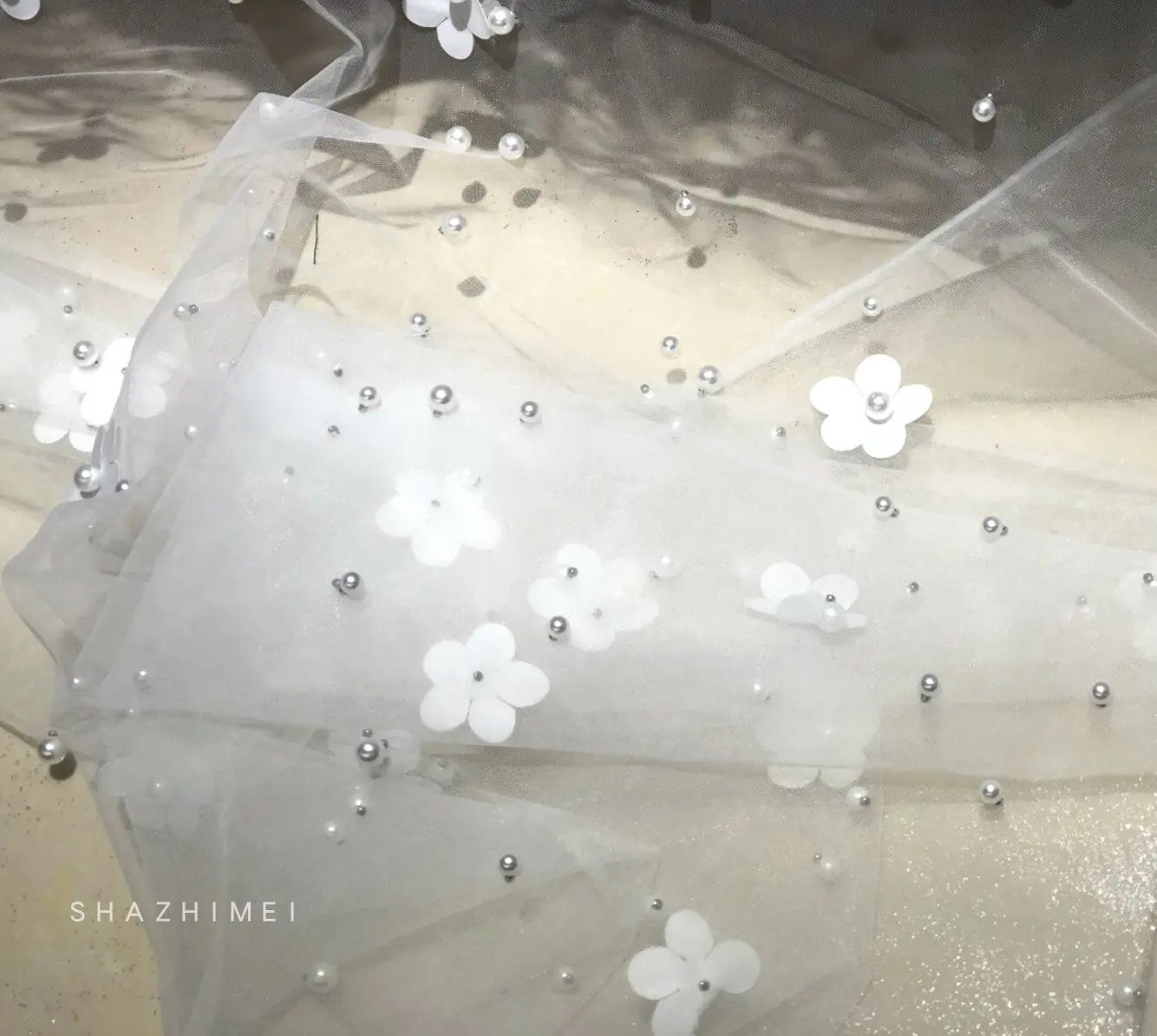 Transparent White Pearl Flower Mesh Draping Fabric for Wedding Dress Beads Designer Fabric