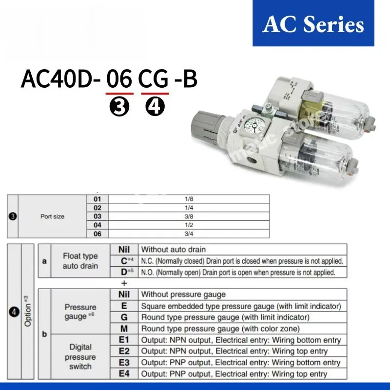 

AC20D AC30D AC40D-01C 02C 03C 04C 06C 02D 03D 04D 06D 01G 02G 03G 04G 01CG 03CG 02CG 02DG-B Filter Regulator+Mist Separator AC