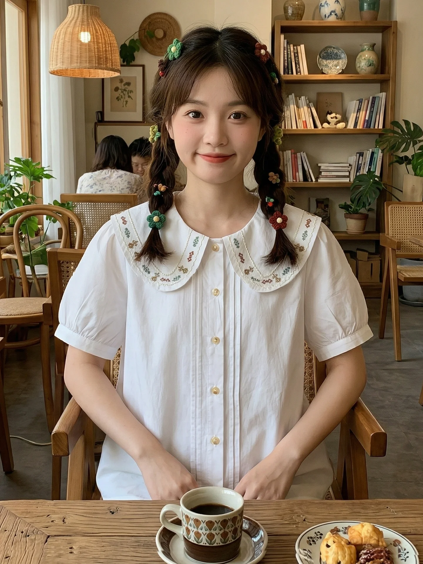 

Retro Japanese Style Embroidered Pure Cotton Loose Short Sleeve White Shirt Girl's Sweet Style Top with Puff Sleeves