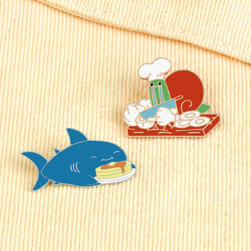 Cartoon Animal Brooches Blue Eating Cake Shark Onion-Cutting Snail Enamel Pin Women Men Lapel Pin Badges Jewelry Gift Wholesale