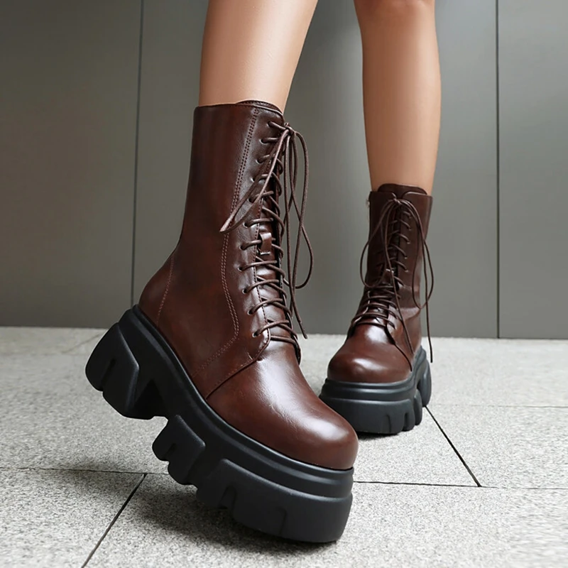 REAVE CAT 8cm Heel 5.5cm Platform Mortorcycle Boots Midcalf Autumn Strap Up Antislip Shoes Big Size 41 42 43 44