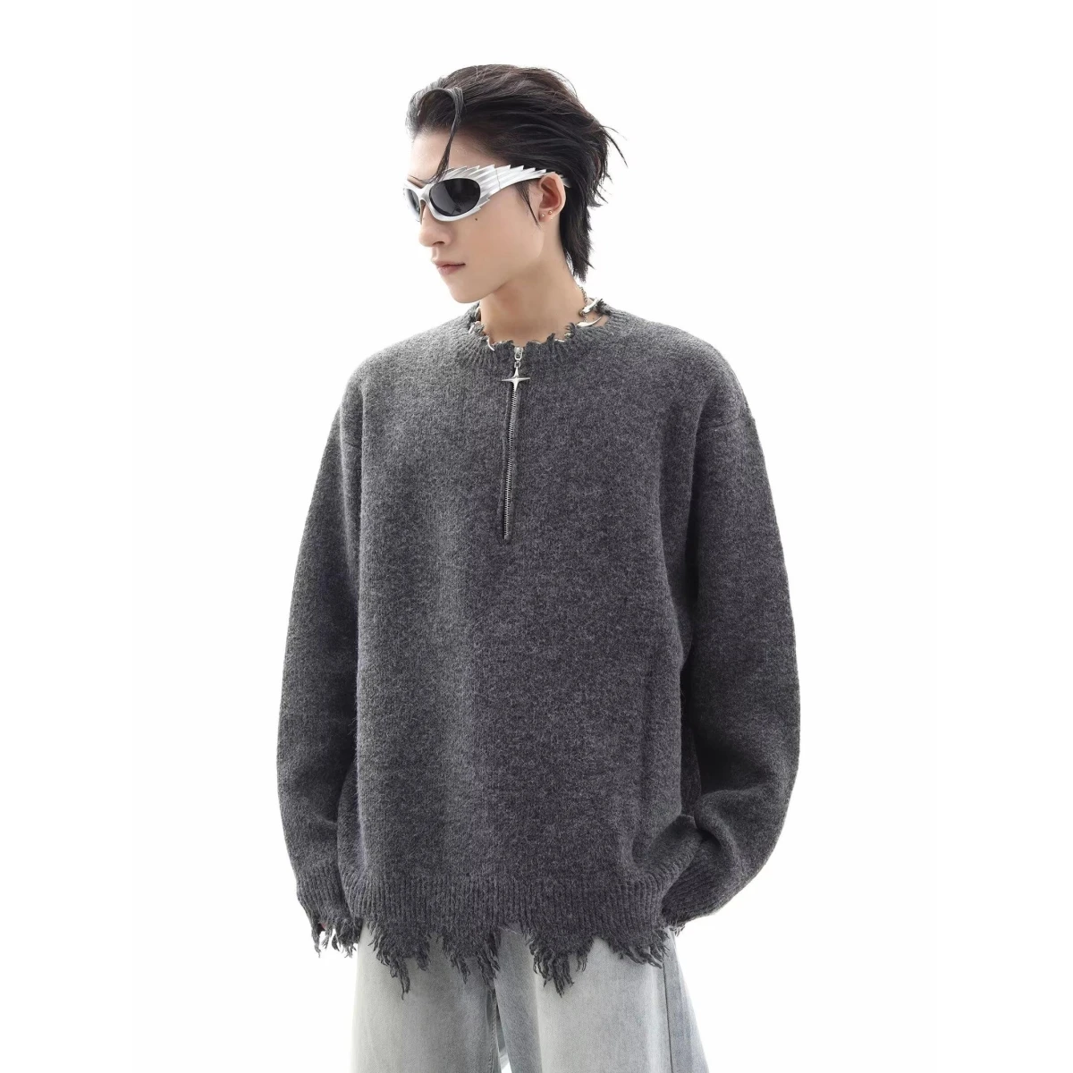 

Noonoz American Vibe High Street Men's Loose Knitted Sweater Autumn Winter Hip Hop Trendy Brand Couple's f Zipper Hole