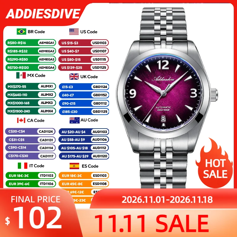 Watch Crown Screw Down Replacement - ADDIESDIVE zakelijk mechanisch horloge met saffierglas,