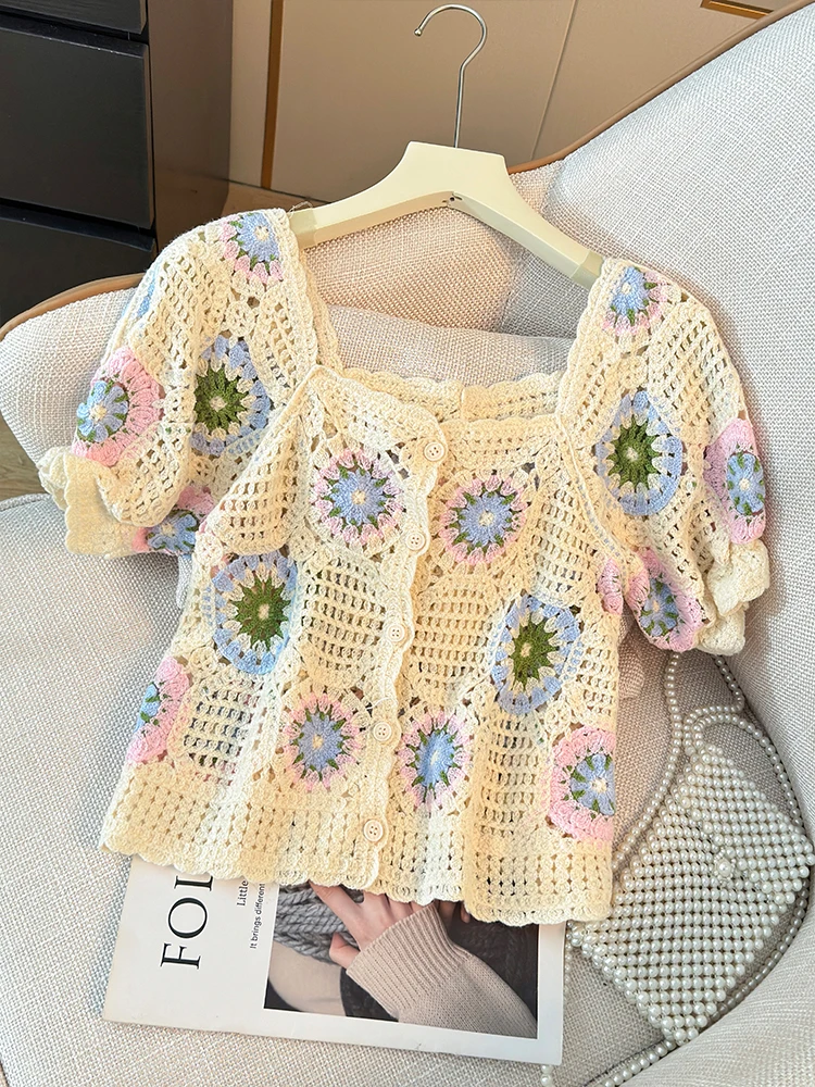 

Hollow Hook Flower Colorful Knitted Y2k Tops Women Summer Sweet Puff Sleeve Cardigan Fashion Slim Fit All Match Shirt