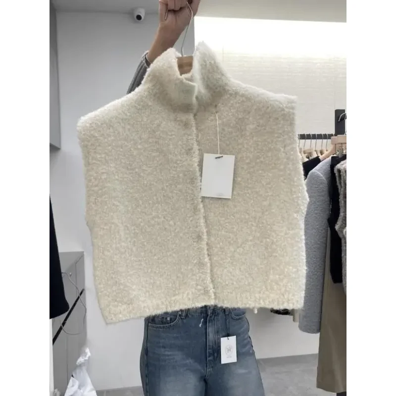 レディースニットオルトセーターベスト女性のスタンドカラーボタンデザインスリムトップスアウターソフトカジュアル通勤セーターチョッキ