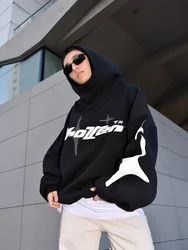 European American couple foam hooded sweatshirt 2024 new men's and women's four season loose plus size retro street Y2K  clothes