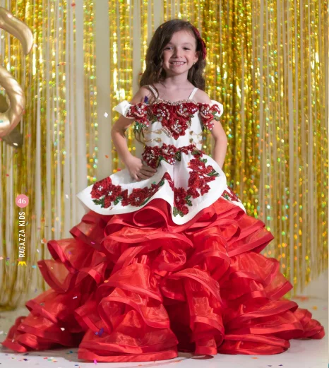 Mini abiti Quinceanera rossi abito da ballo messicano Appliques di Organza abiti da ragazza di fiori per matrimoni abiti da spettacolo Charro Baby