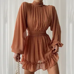 Ladies Ruffle Long Sleeve Party Dress Vestidos Elegant Fashion Tulle Turtleneck Women Dress Sexy Slim Pleated Gauze Mini Dresses