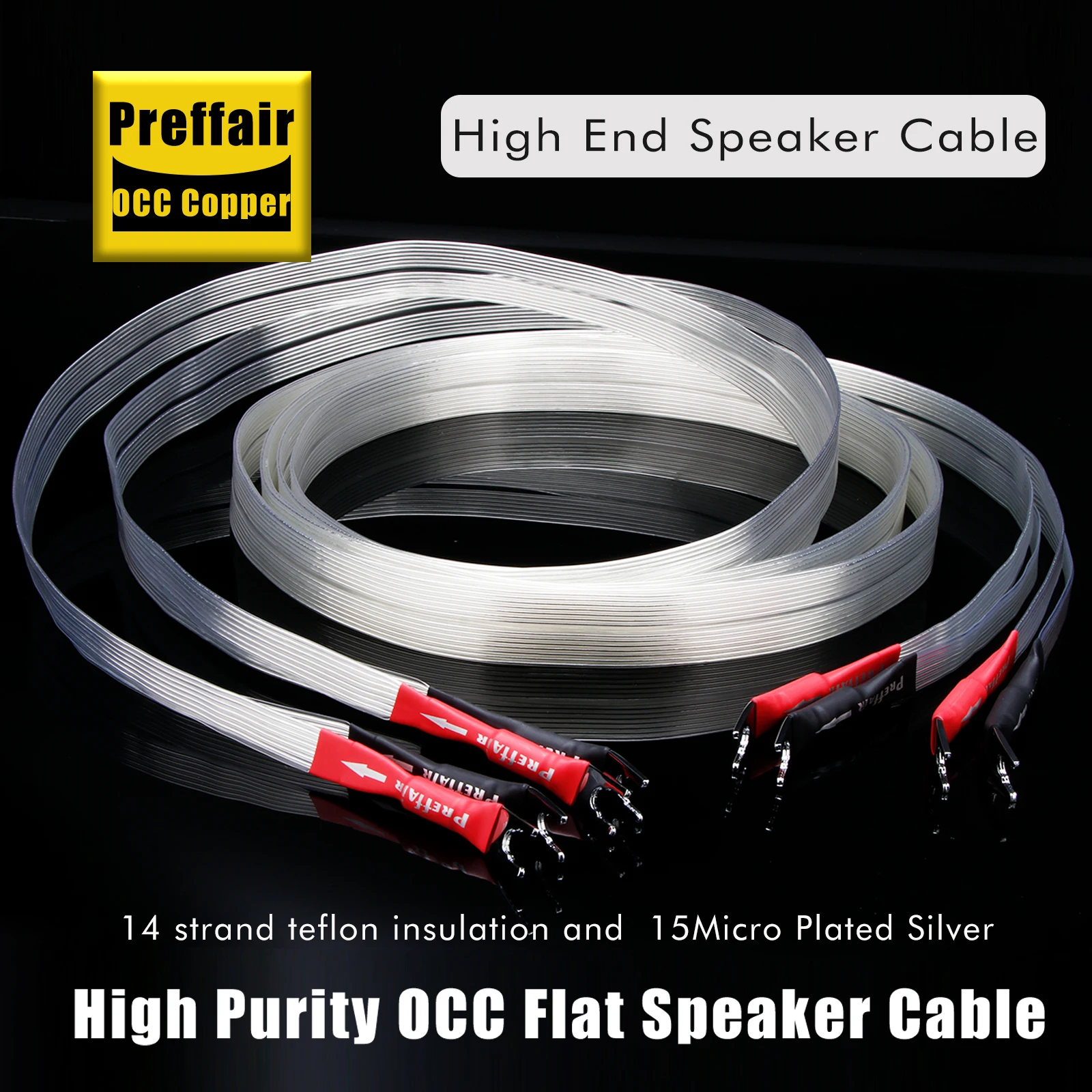 Pair Speaker Cable White Lighting OCC Silver Plated Loudspeaker Cable Hifi Ribbon Flat Audio Carbon Fiber Banana for Amplifier