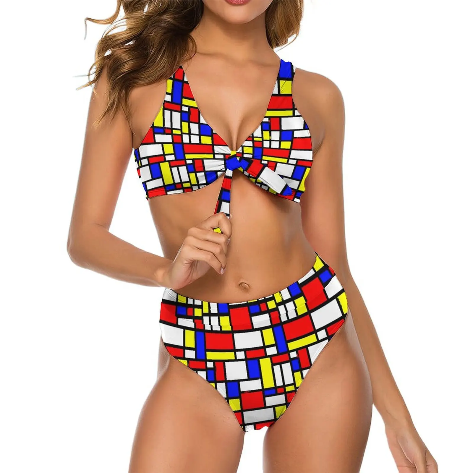 

Sexy Geomatric Patchwork Print Bikini Swimsuit Color Block Stylish Swimwear High Waist Bikini Set High Cut 2 Pieces Bathing Suit